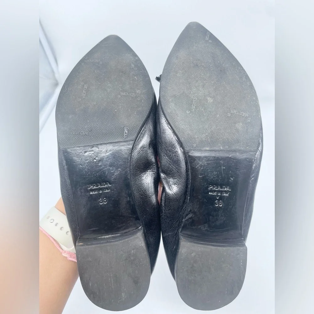 Prada Black Leather Cap toe logo embellish bow tie stretch ballerina flats EU 38